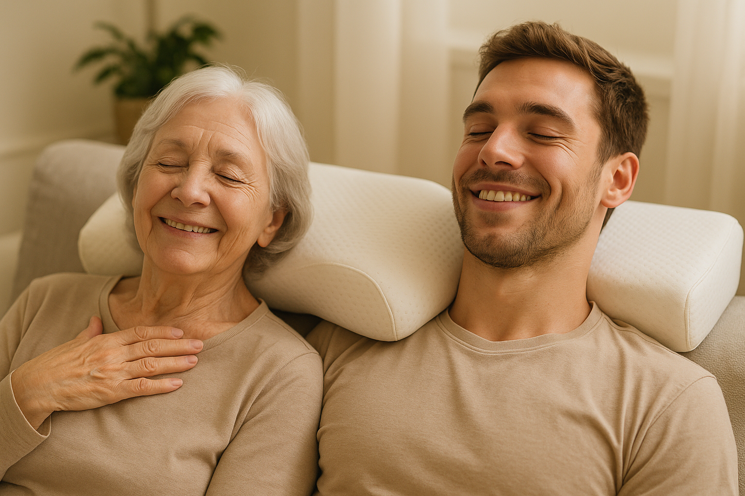 Eine ältere Dame und ein sportlicher junger Mann sind beide endlich wieder glücklich weil dank unseres ergnomischen Kissens sie keine Nackenschmerzen mehr haben